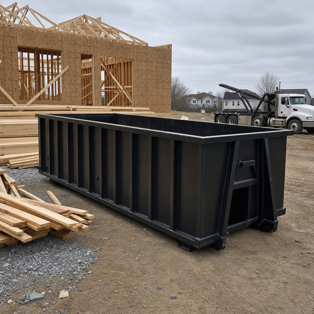 Matte-black 40-yard roll-off dumpster staged on a framed-out residential construction site in Baton Rouge, framing lumber stacked nearby, hooklift delivery truck visible in the background under bright Colorado daylight