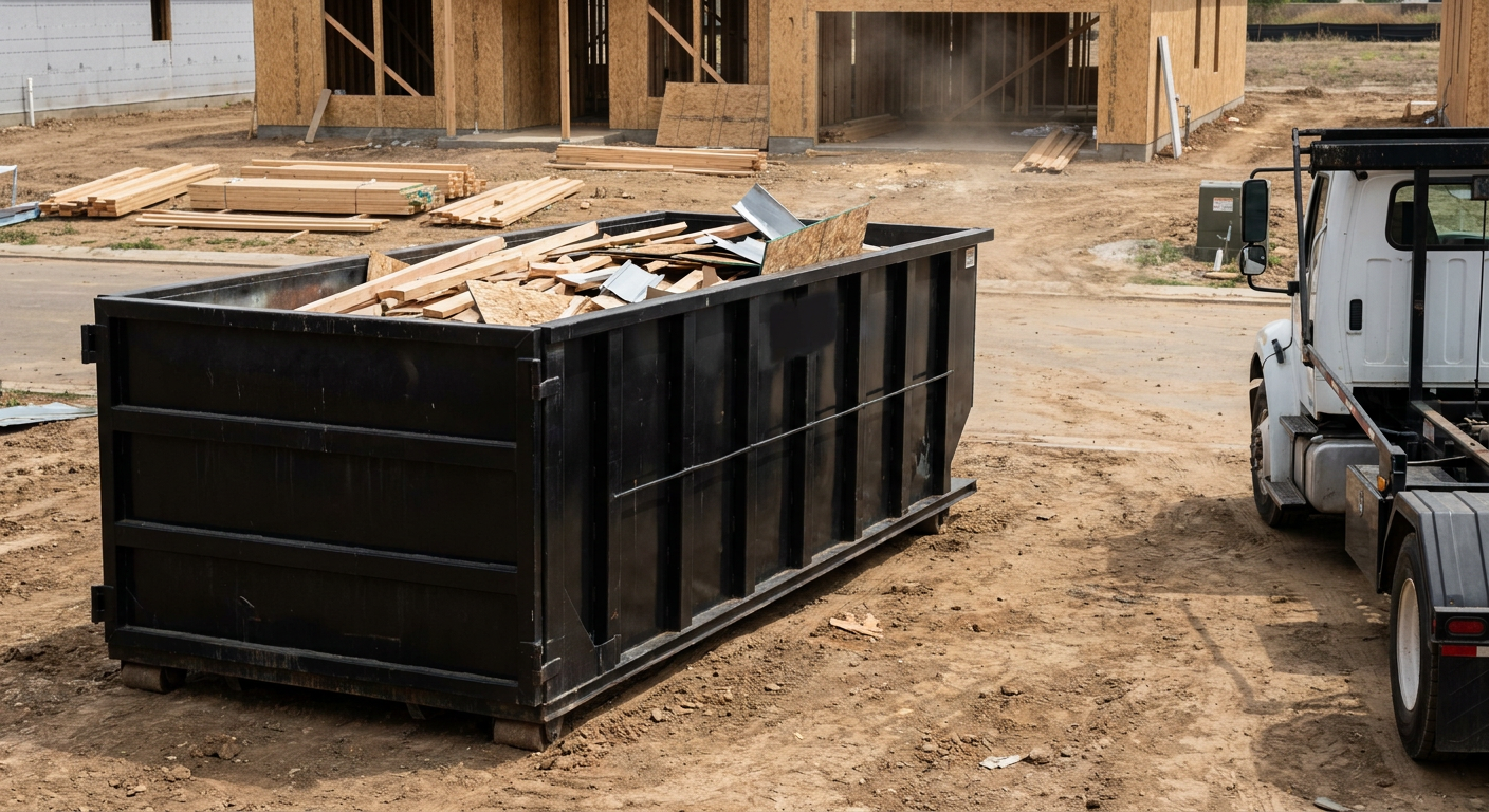 Matte-black 20-yard roll-off construction dumpster with heavy ribbed steel sidewalls and swing rear doors at a working jobsite in Baton Rouge, sitting directly on compacted dirt with an unmarked white hauler partially visible at the far edge of the frame.