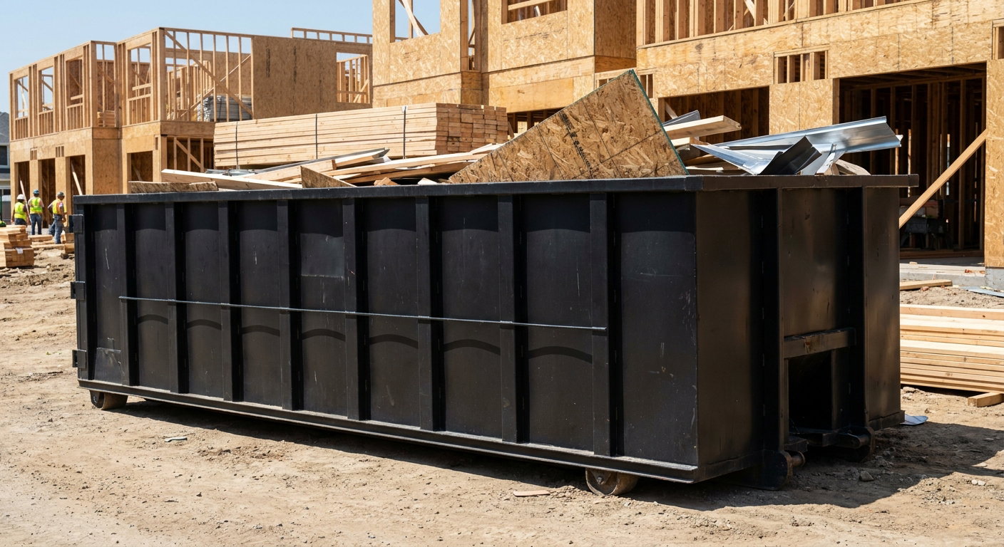 Matte-black 40-yard roll-off construction dumpster being lowered from a white-cab hooklift delivery truck onto the compacted-dirt jobsite at a commercial build site in Baton Rouge
