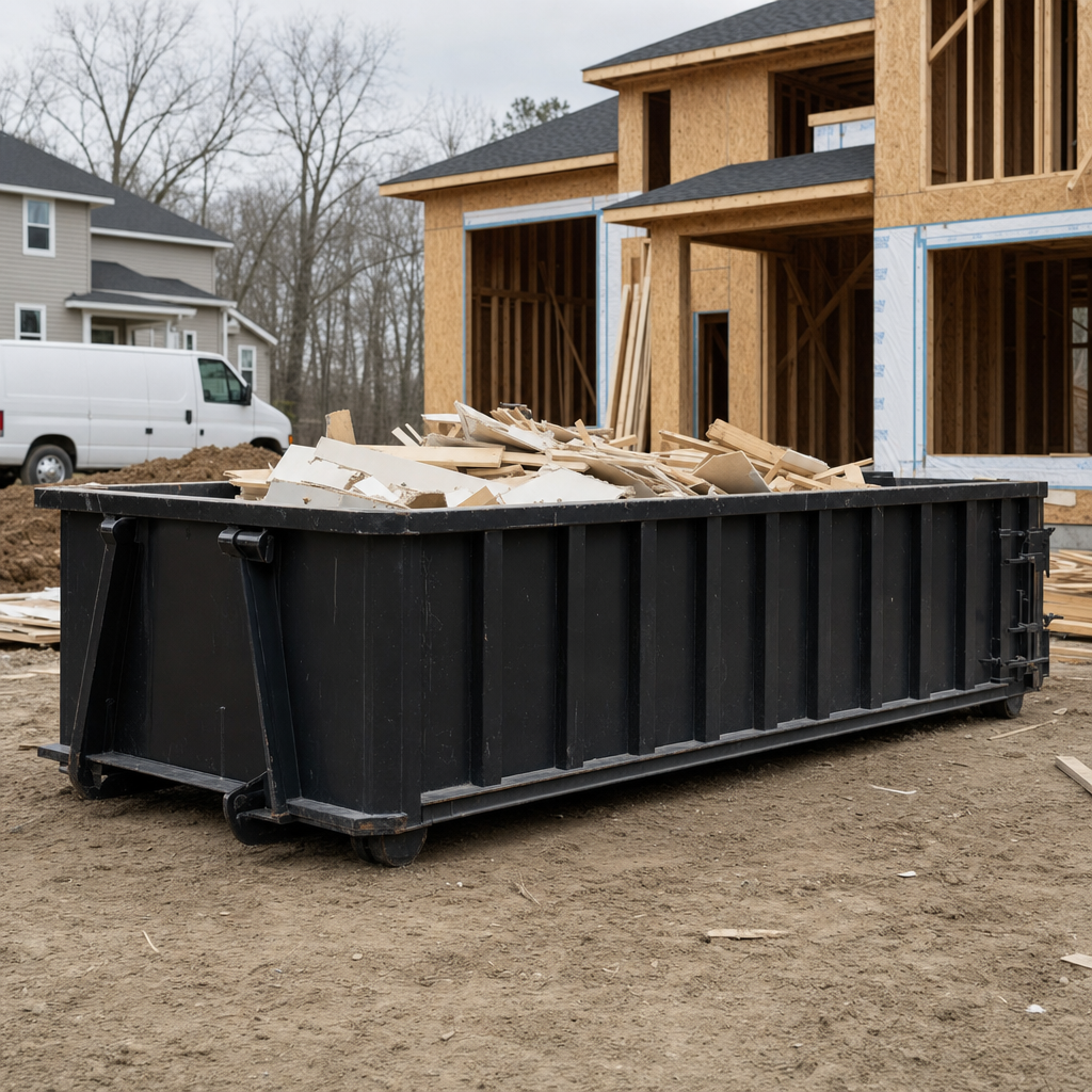 Worker in a yellow high-visibility vest tossing framing lumber and broken drywall into a matte-black 30-yard construction roll-off dumpster on an active build site in Baton Rouge, bright daylight