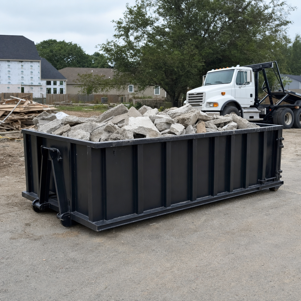 Low-profile matte-black lowboy roll-off dumpster loaded with broken concrete slab and rebar at a foundation tear-out in Baton Rouge, skid steer parked beside it, sunny Colorado morning
