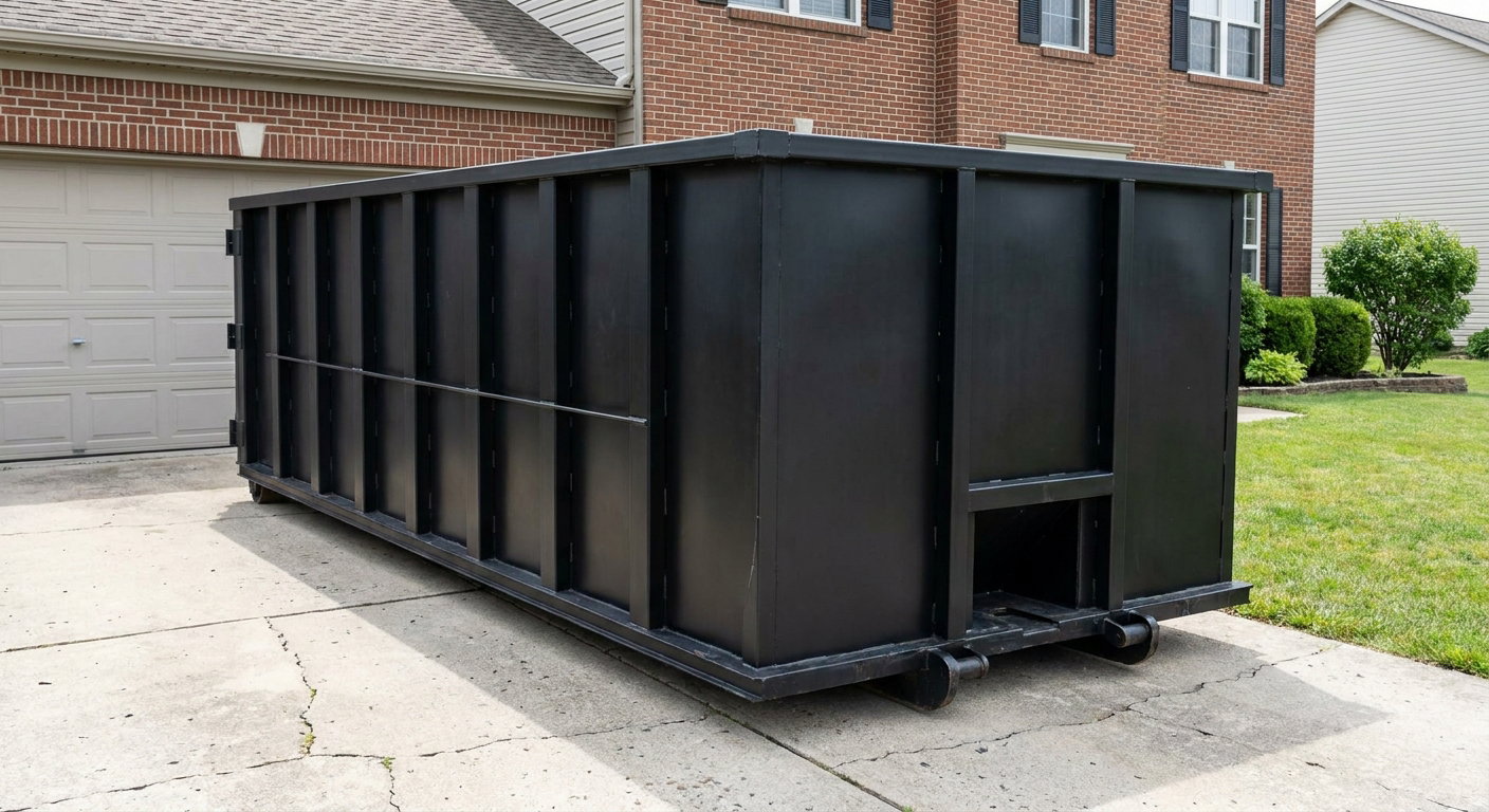Matte-black 20-yard roll-off container on a Baton Rouge residential concrete driveway with reinforced ribbed steel sidewalls and a hinged rear walk-in door, clean bright daylight.