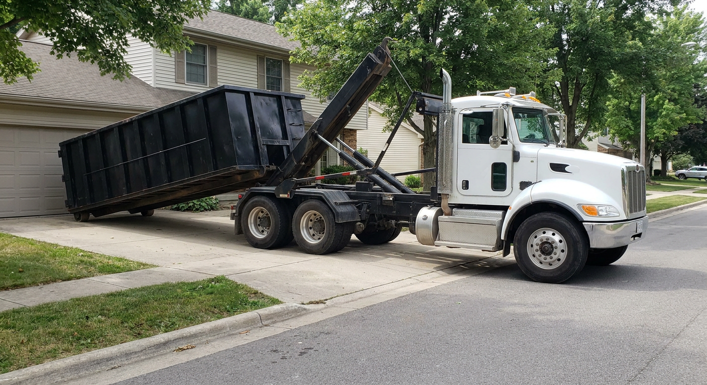 White-cab hooklift roll-off truck actively lowering a matte-black dumpster onto a Baton Rouge residential concrete driveway, the dumpster's rear wheels touching the driveway as the hoist arm tilts the bed forward, mid-morning daylight.