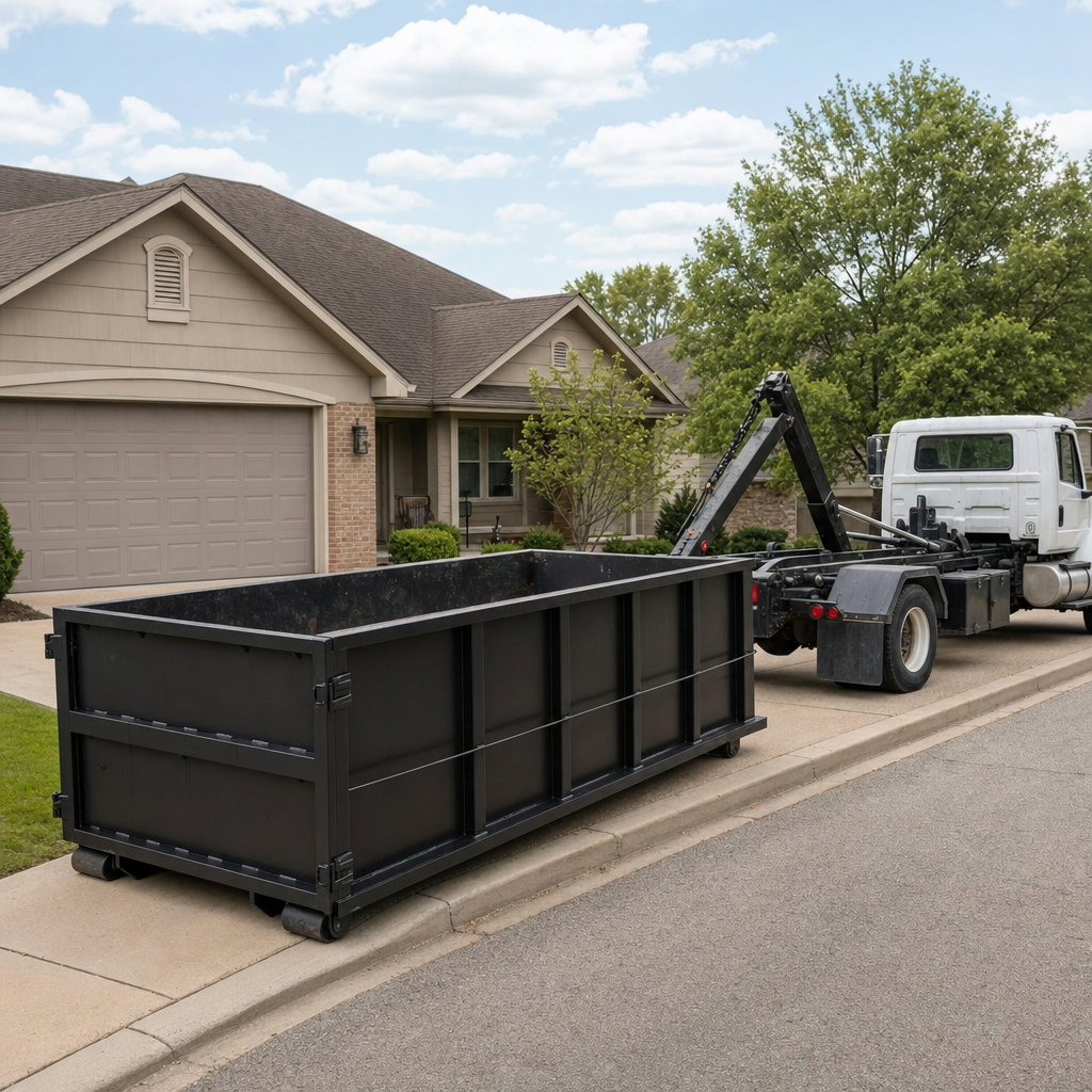 Wide documentary shot of a matte-black roll-off dumpster on a Baton Rouge residential driveway in the foreground and a contractor jobsite container in the soft-focus background, bright daylight, calm and orderly composition.