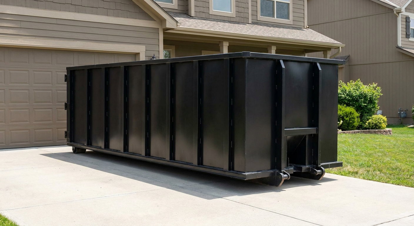 Matte-black residential roll-off dumpster sitting directly on a suburban Baton Rouge concrete driveway, garage door closed, single-family home in background, bright morning daylight.