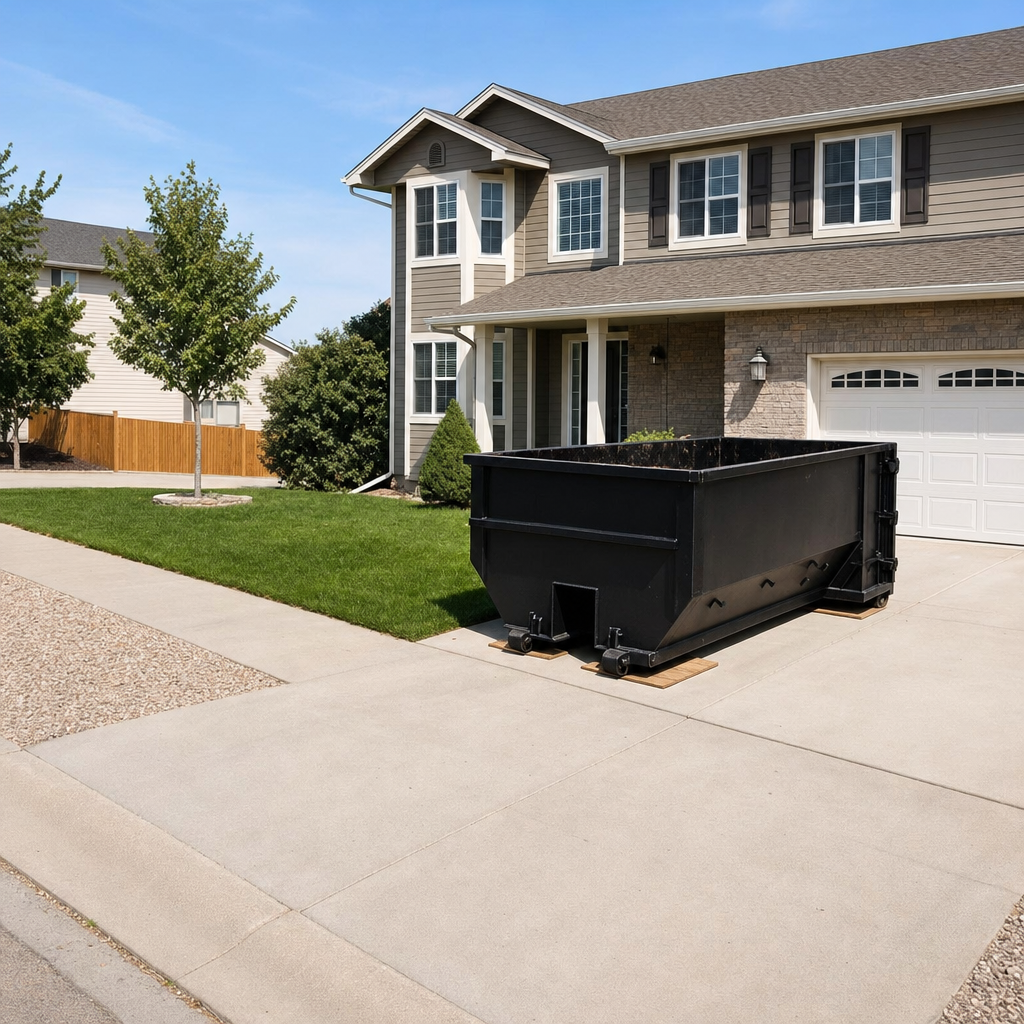 10-yard matte-black residential dumpster placed directly on a narrow Baton Rouge concrete driveway, room remains for a parked sedan beside it, mid-morning natural light