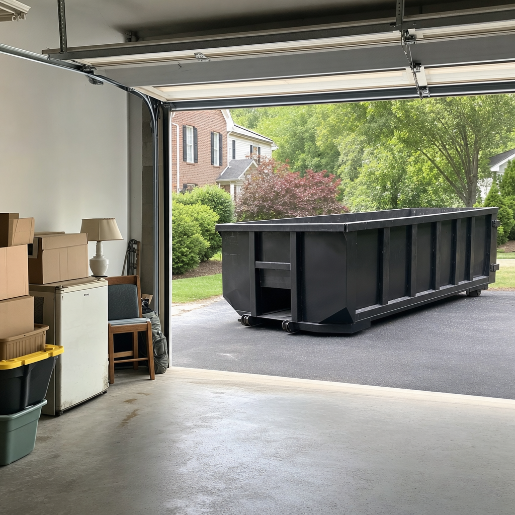 Open garage interior in a Baton Rouge home mid-cleanout — boxed items, an old appliance, and stacked yard tools queued near the driveway for a matte-black roll-off dumpster, organized and calm