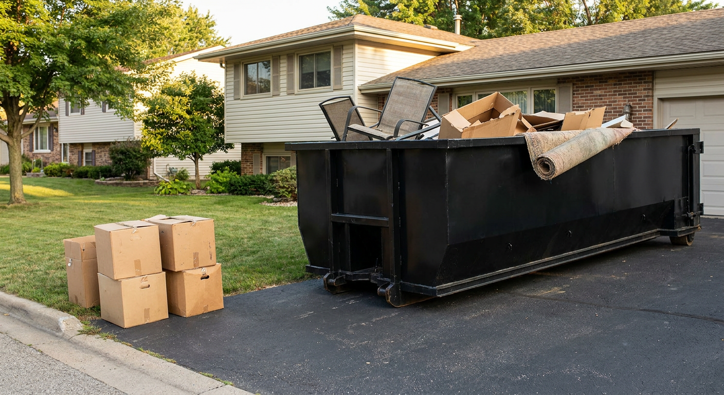 Front-yard view of a Baton Rouge split-level home with a 20-yard matte-black roll-off dumpster sitting directly on the asphalt driveway, a few clearly labeled donation boxes staged at the curb, calm sunny afternoon.