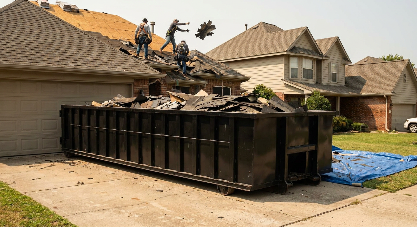 Matte-black roofing roll-off dumpster placed directly on a Baton Rouge residential concrete driveway, a tear-off crew on a two-story asphalt-shingle roof tossing shingle bundles into the low-walled container, bright daylight, documentary 35mm perspective.