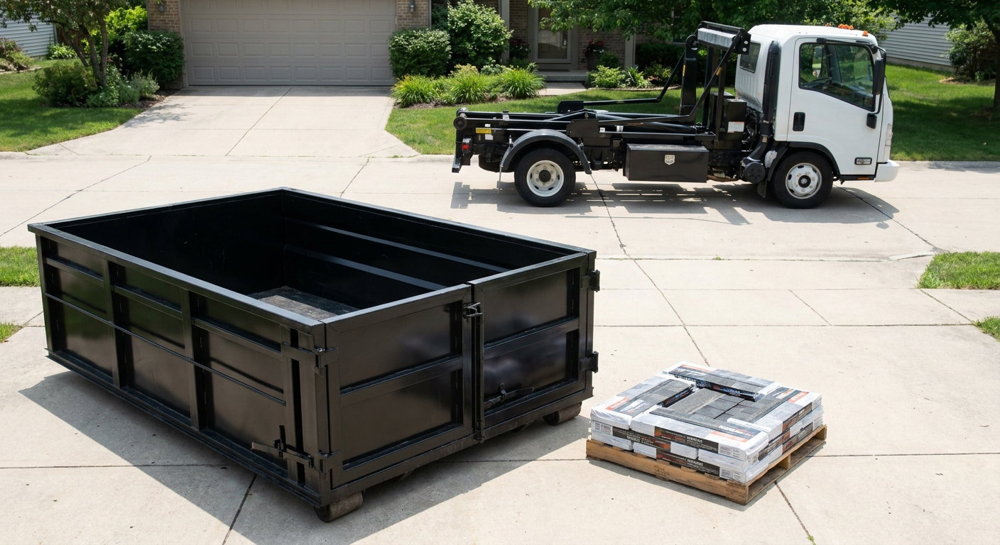 Matte-black 15-yard roofing roll-off dumpster with reinforced low side walls sitting directly on a Baton Rouge residential concrete driveway, three-tab asphalt shingle bundles stacked nearby, an unmarked white hauler truck partially visible at the edge of the frame.