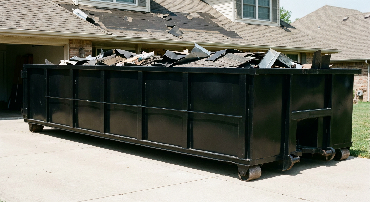 Matte-black 20-yard roofing roll-off dumpster with steel ribbed sides and swinging rear door, sitting directly on the concrete driveway of a two-story Baton Rouge home, asphalt shingle debris being loaded over the low wall, clean documentary lighting.
