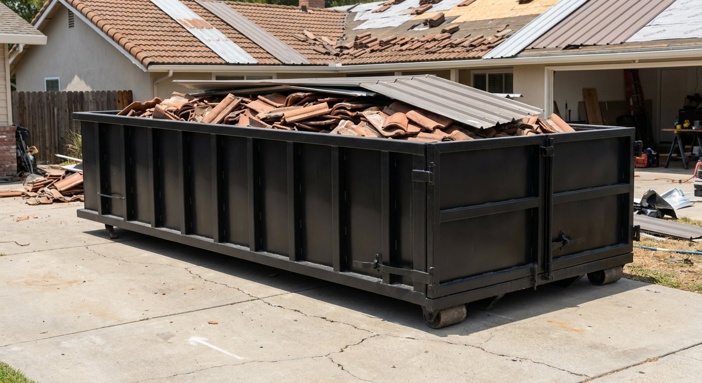 Matte-black low-wall heavy-debris roofing roll-off dumpster sitting directly on a Baton Rouge concrete driveway, broken concrete clay roof tiles and metal panel sections loaded inside, reinforced ribbed steel side walls visible, bright outdoor daylight.