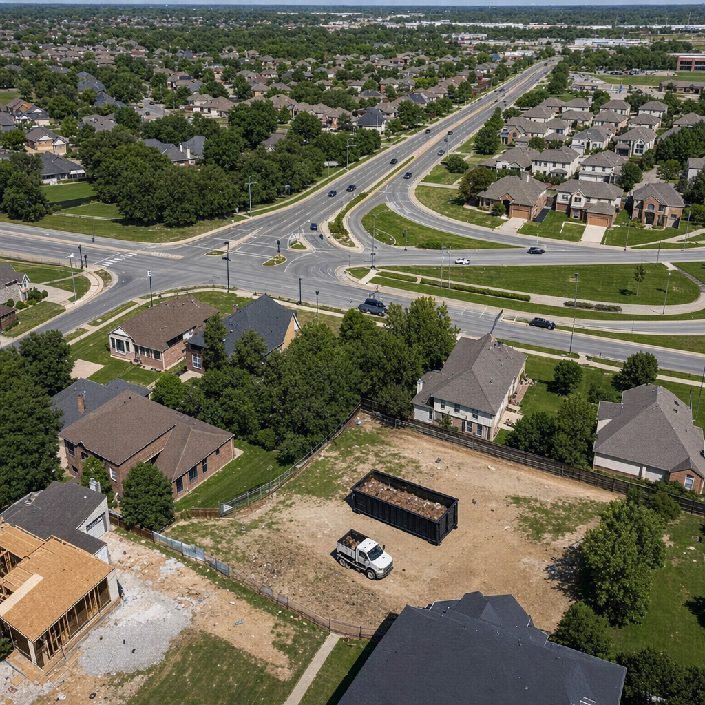 An overhead documentary view of the Baton Rouge metro area at midday, showing the spread of neighborhoods, arterial roads, and the dispatch radius from a central yard — clean daylight, organized geographic layout.