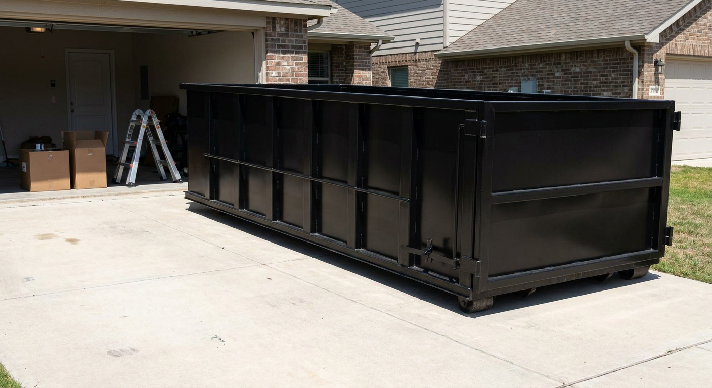 A matte-black 10-yard roll-off dumpster sitting directly on a residential Baton Rouge concrete driveway, mid-day sunlight, clean and ready for a garage cleanout.