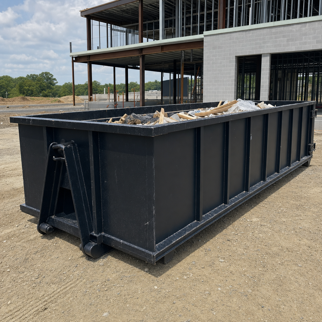 A matte-black 40-yard roll-off dumpster staged on a large Baton Rouge commercial construction lot, with a hooklift delivery truck parked alongside under bright midday sky.