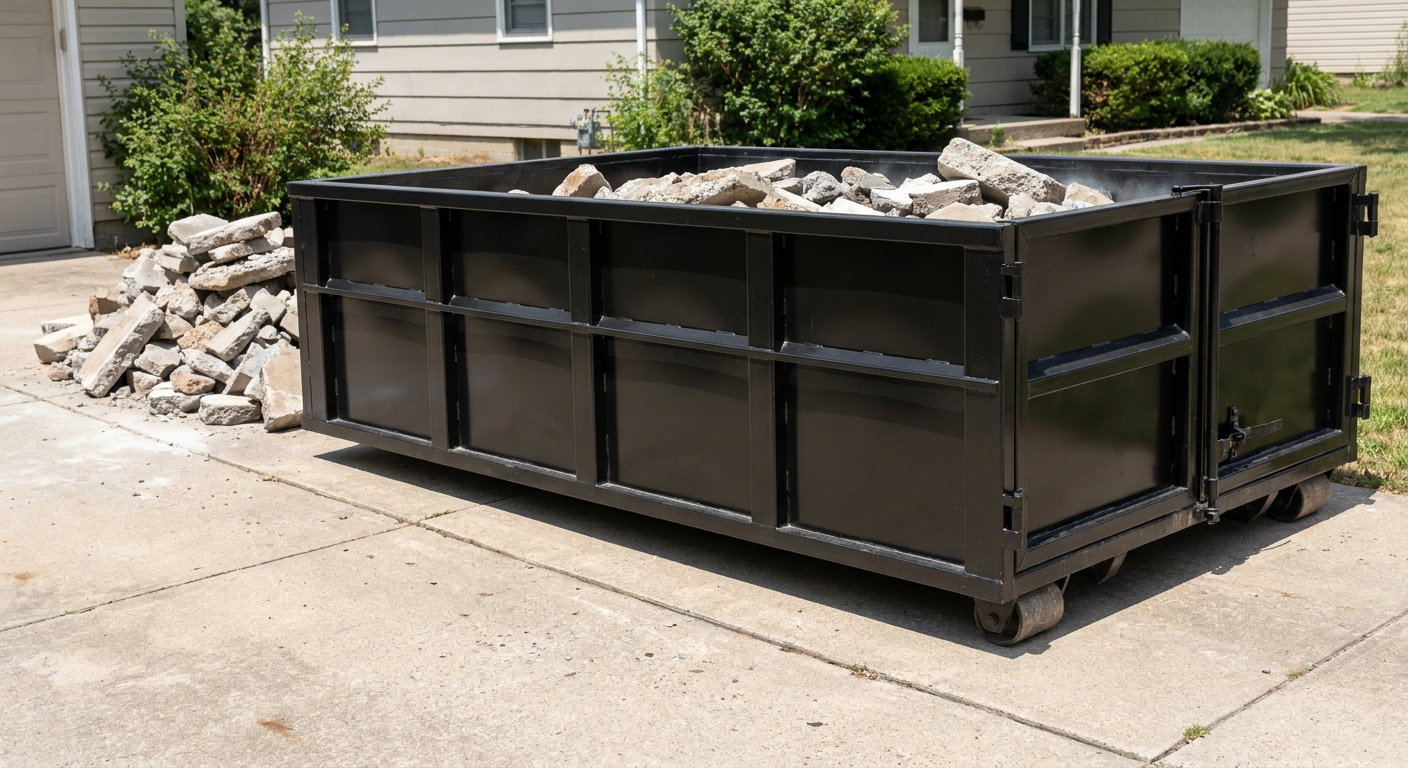 A matte-black low-side heavy-debris roll-off dumpster placed directly on a Baton Rouge concrete driveway, with broken concrete chunks neatly stacked beside it under clean daylight.